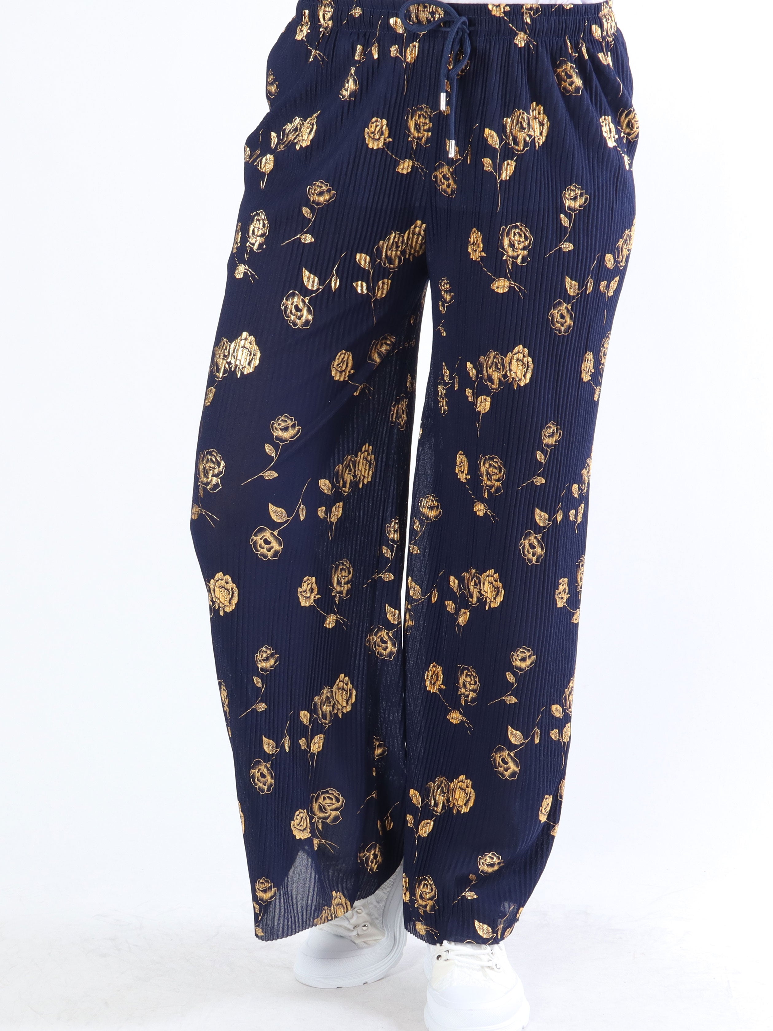 Alpha - Plisserede bukser med guldblomster